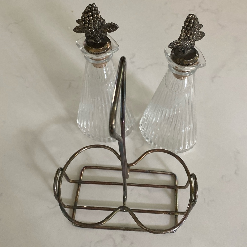 Vintage Mikasa Diamond Fire Oil & Vinegar Crystal Silver Plate Stopper Cruet Set